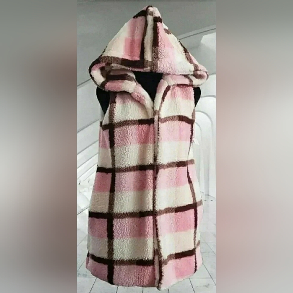 Cozy Sharpa Oversized Hoodie Vest Barn Chore Pockets Open Front New - Picture 2 of 7